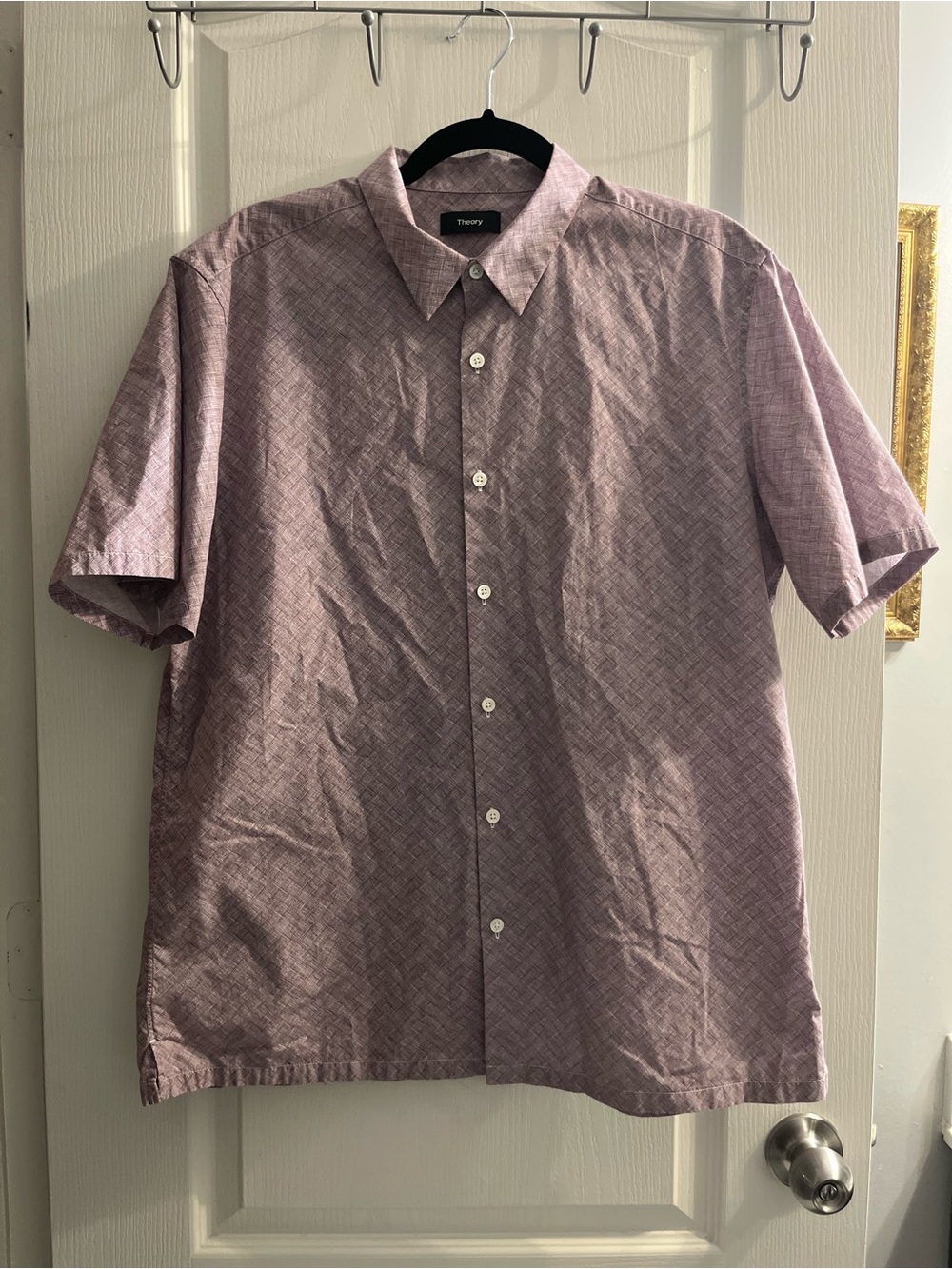 Theory Men's Short Sleeve Button-Down Shirt - Mauve Tonal Pattern